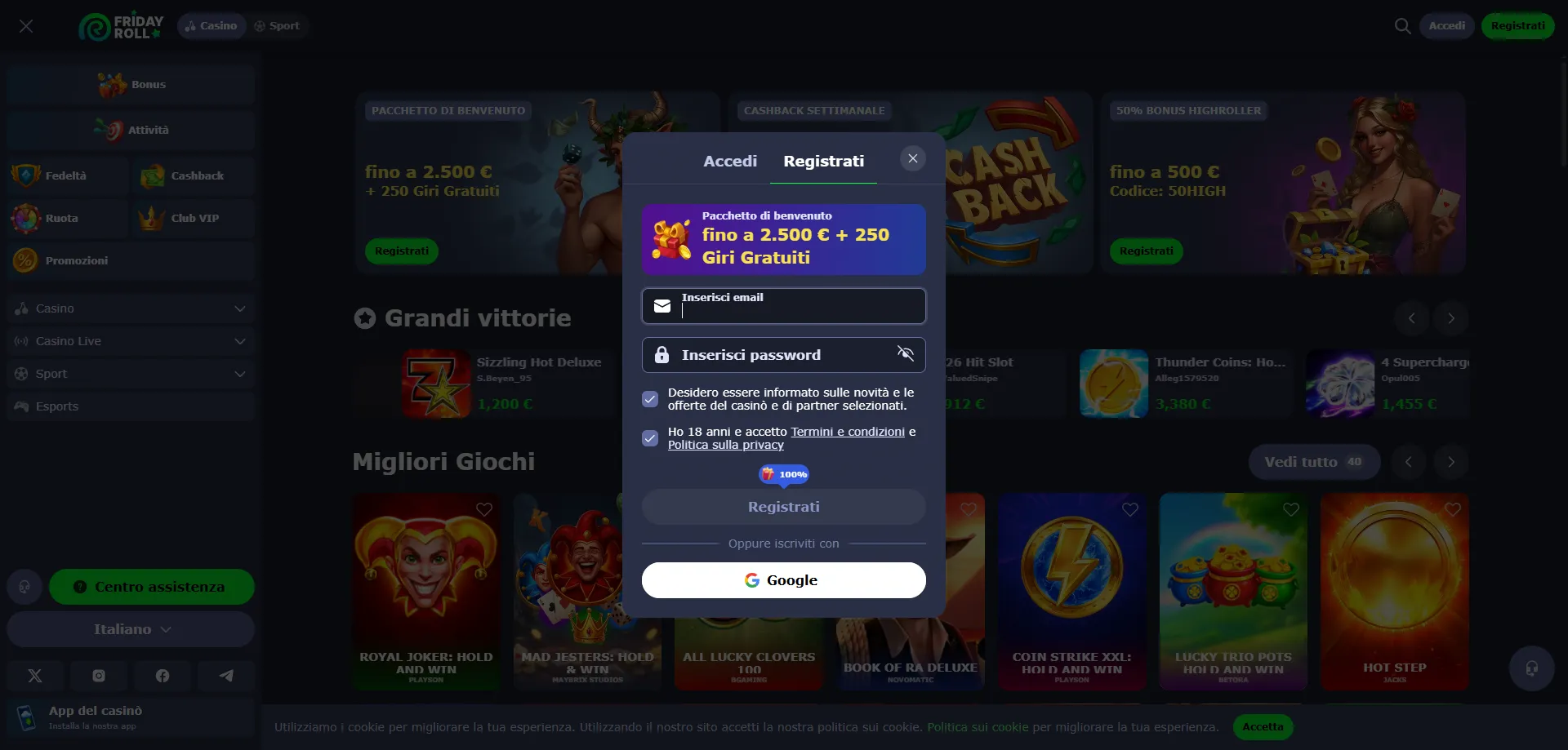 Registrazione FridayRoll Casino Italia — crea account in pochi minuti