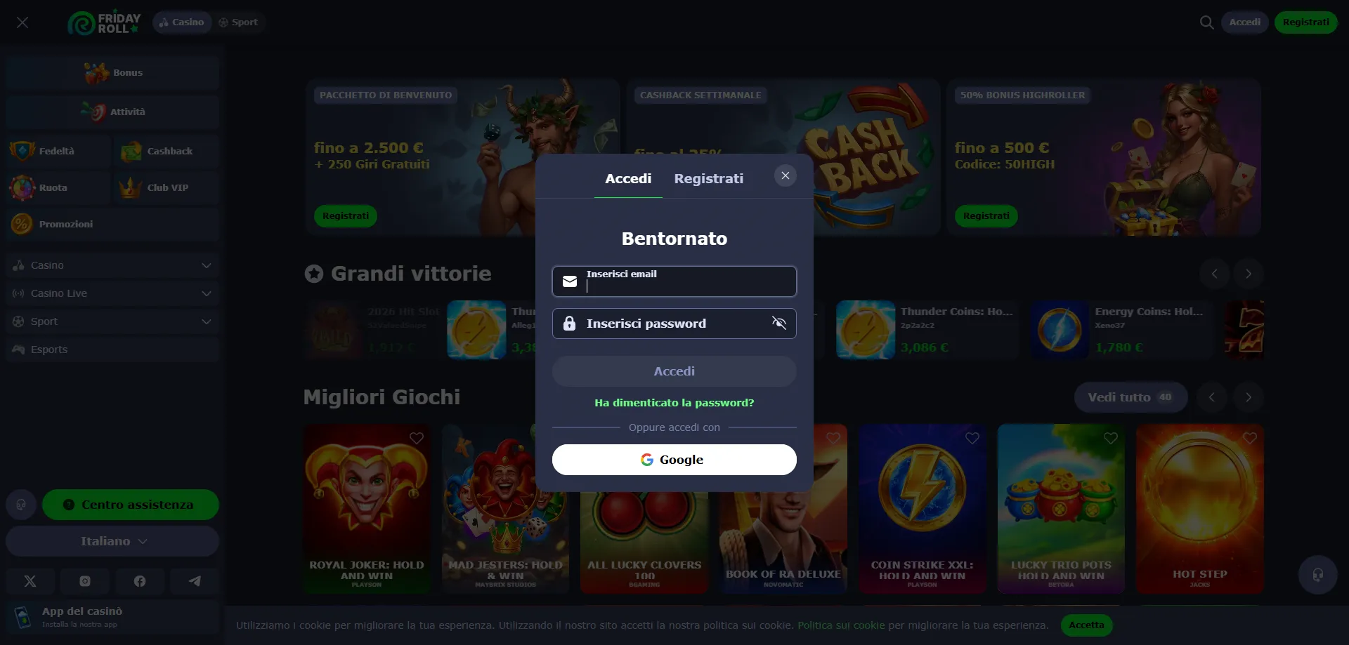 FridayRoll Casino login accesso account sicuro Italia