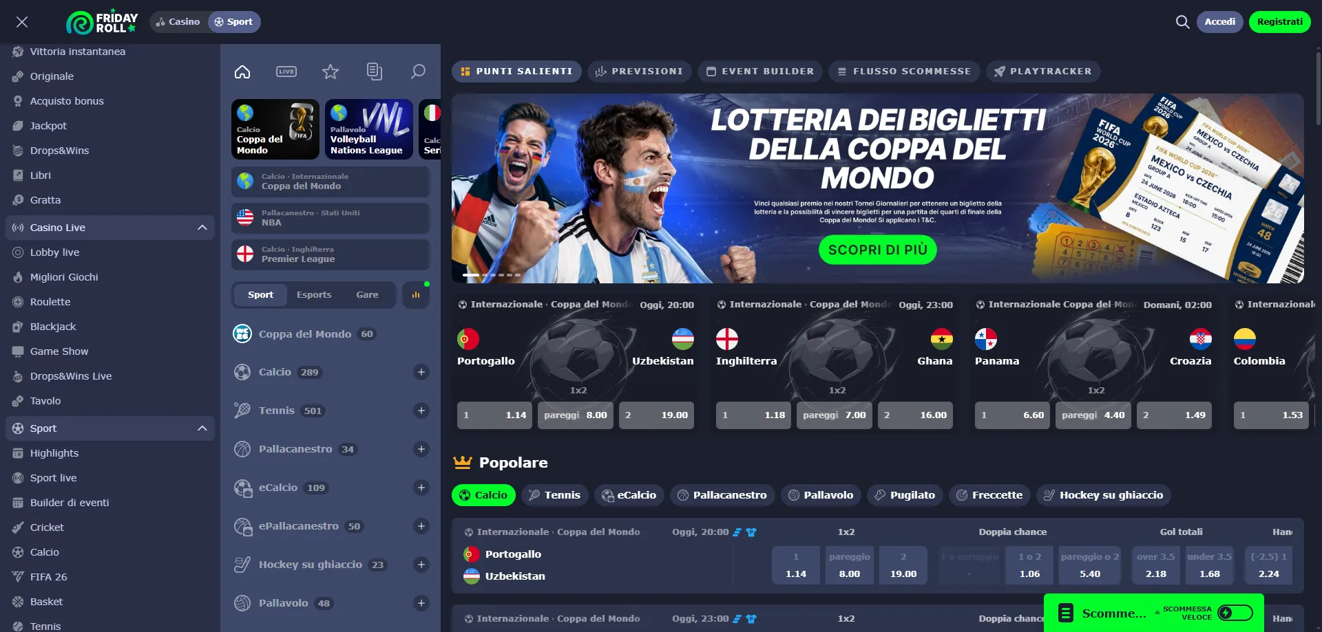 FridayRoll Casino metodi di pagamento deposito e prelievo rapido